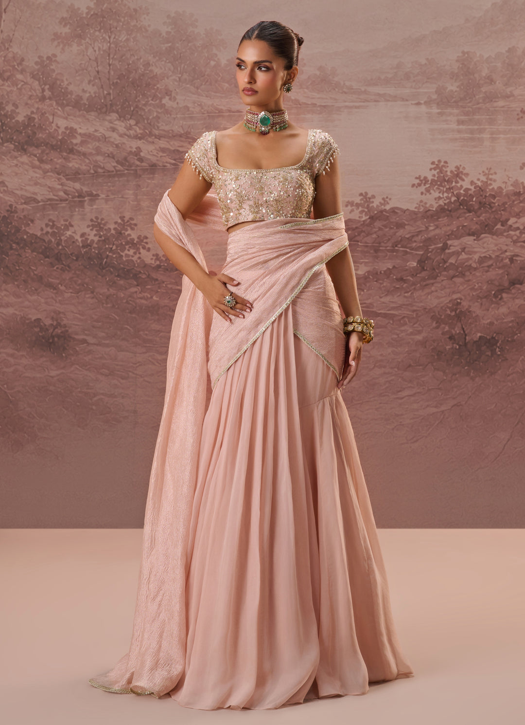 Blush Pink Predraped Silk Organza Saree