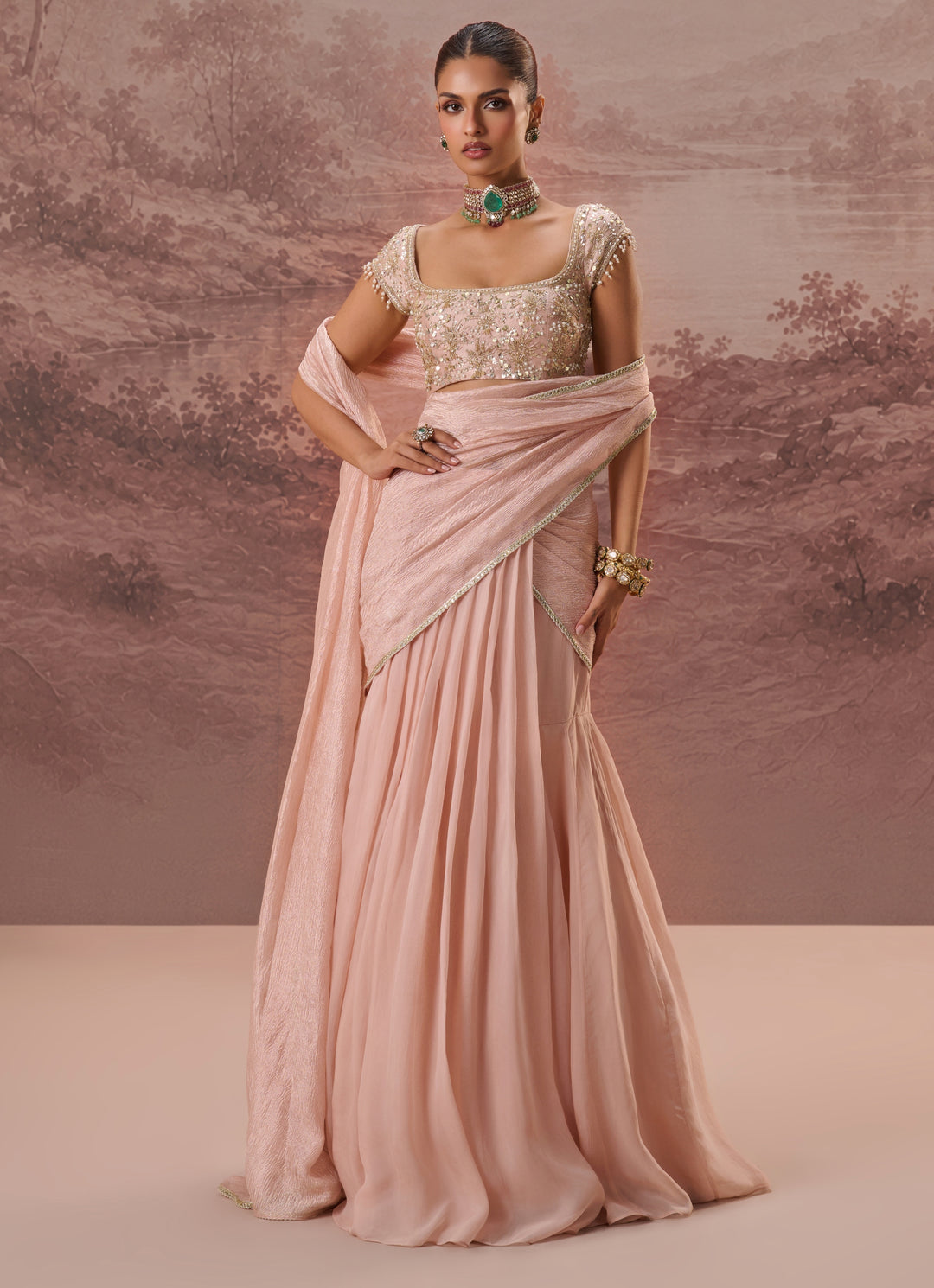 Blush Pink Predraped Silk Organza Saree