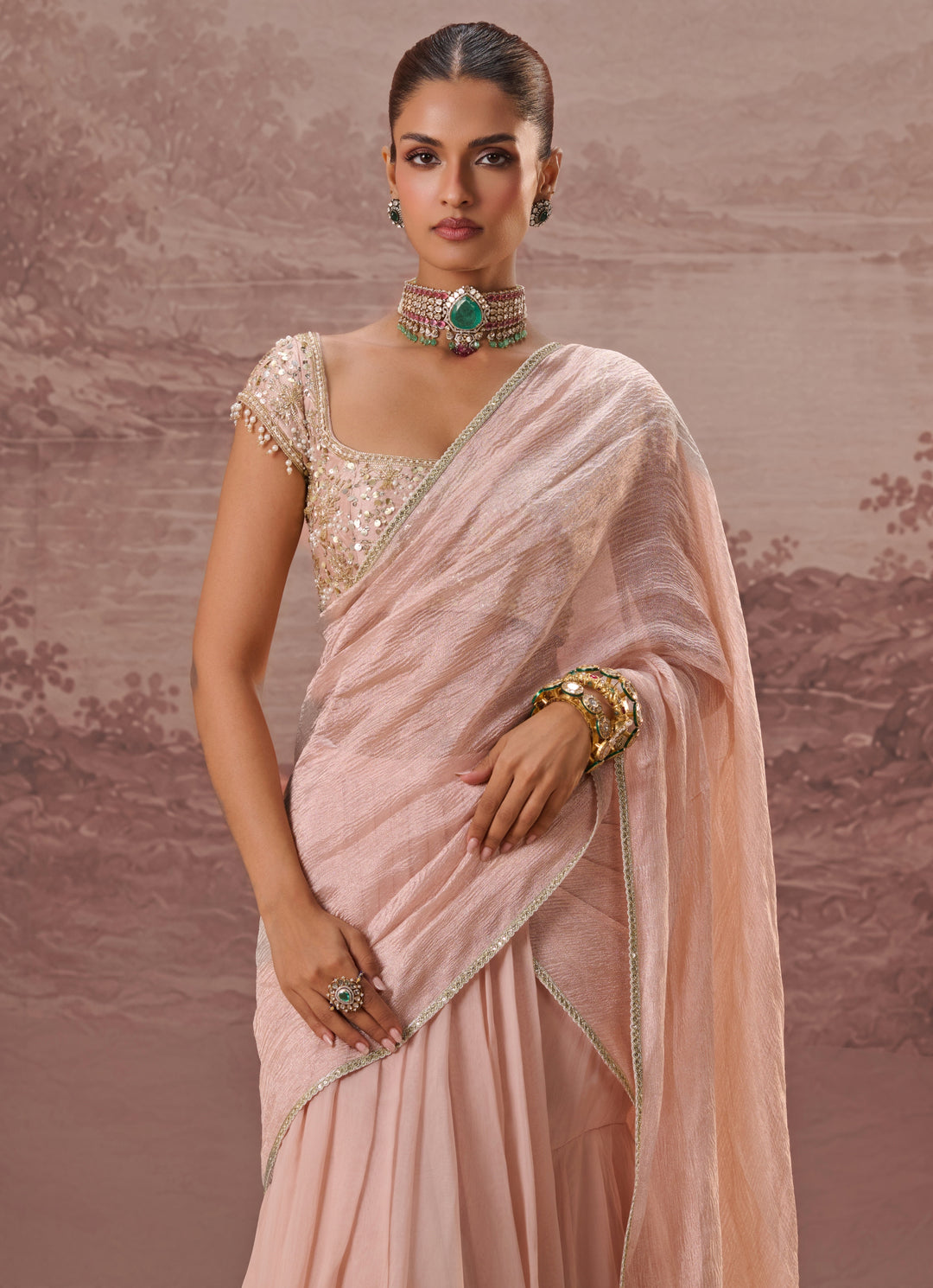 Blush Pink Predraped Silk Organza Saree