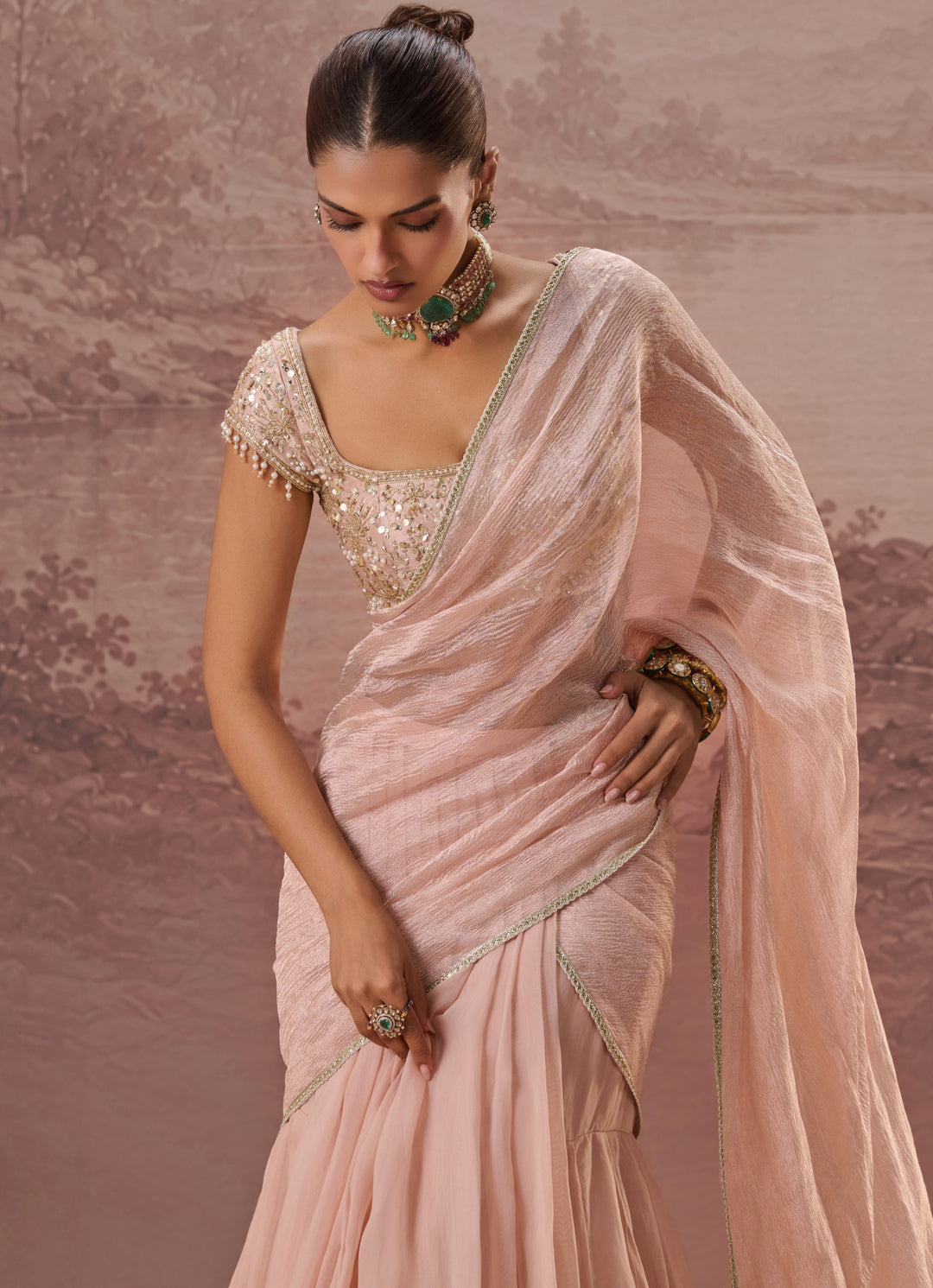 Blush Pink Predraped Silk Organza Saree