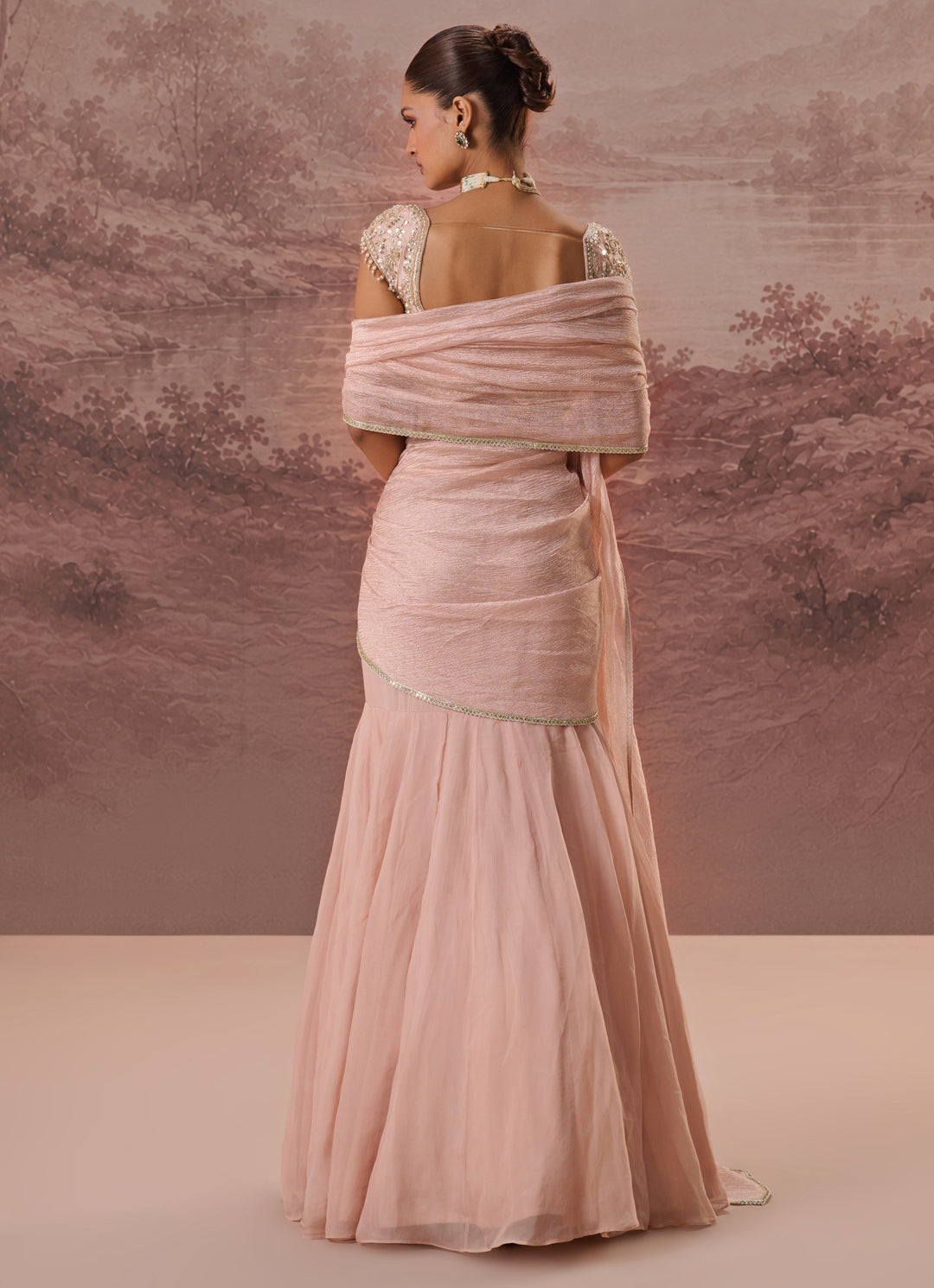 Blush Pink Predraped Silk Organza Saree