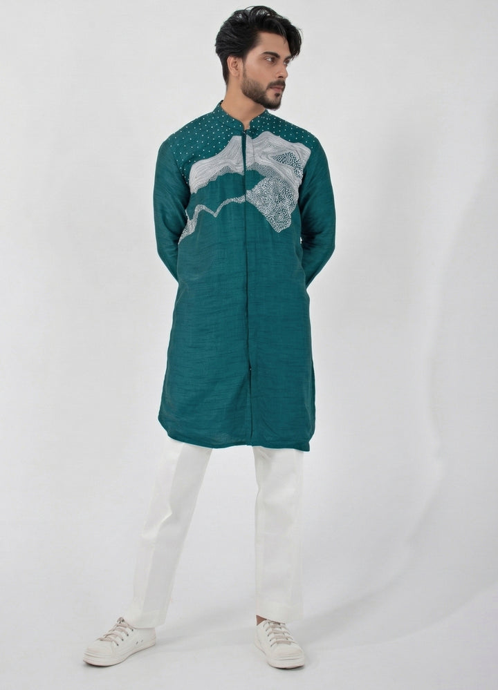 Teal and Ivory Cotton Kurta Pants Set