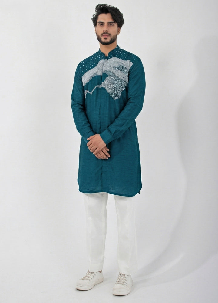 Teal and Ivory Cotton Kurta Pants Set