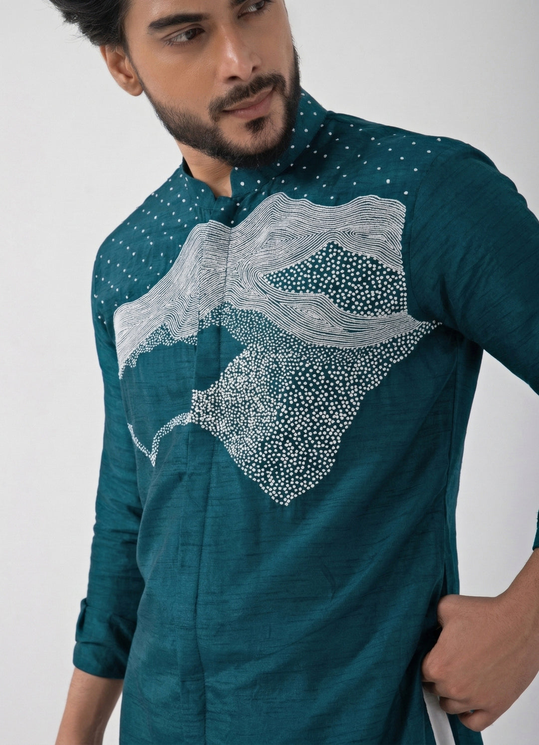 Teal and Ivory Cotton Kurta Pants Set