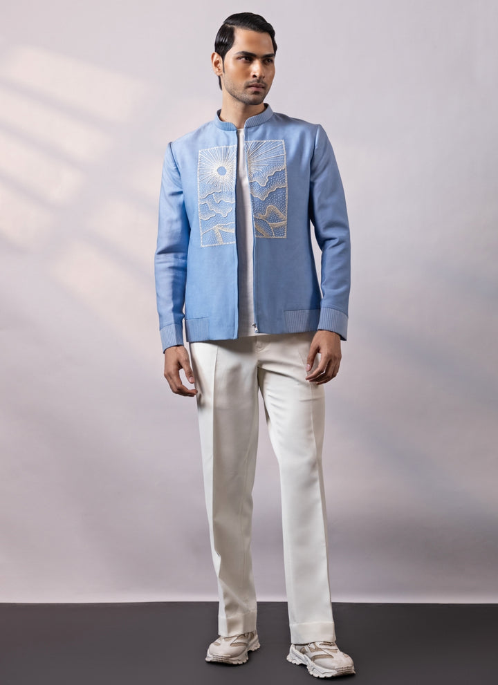 Blue and Ivory Linen Satin Bomber Jacket Set
