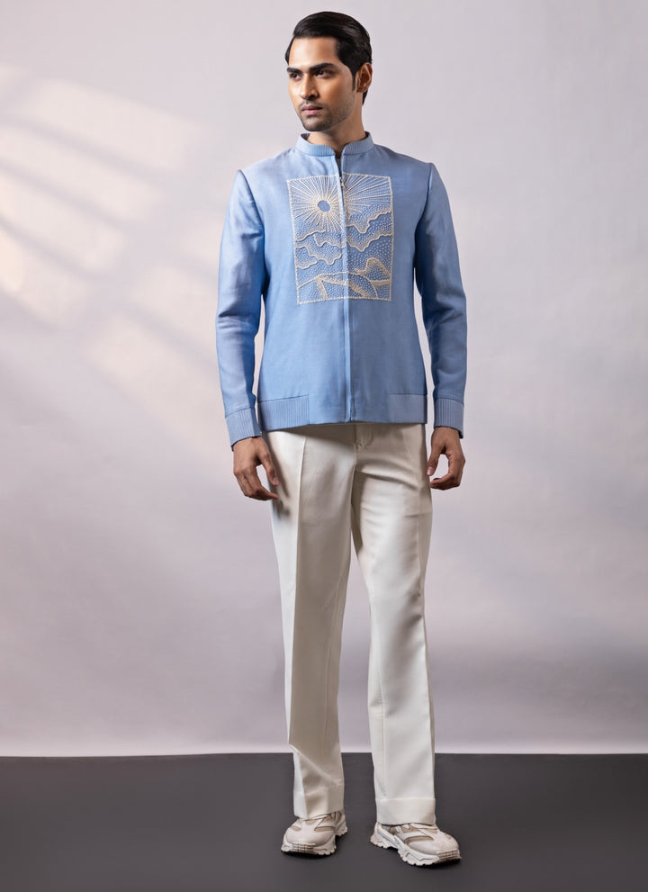 Blue and Ivory Linen Satin Bomber Jacket Set