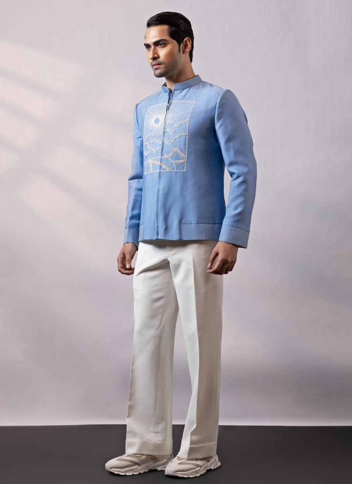 Blue and Ivory Linen Satin Bomber Jacket Set