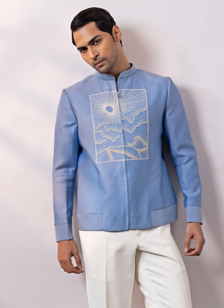 Blue and Ivory Linen Satin Bomber Jacket Set