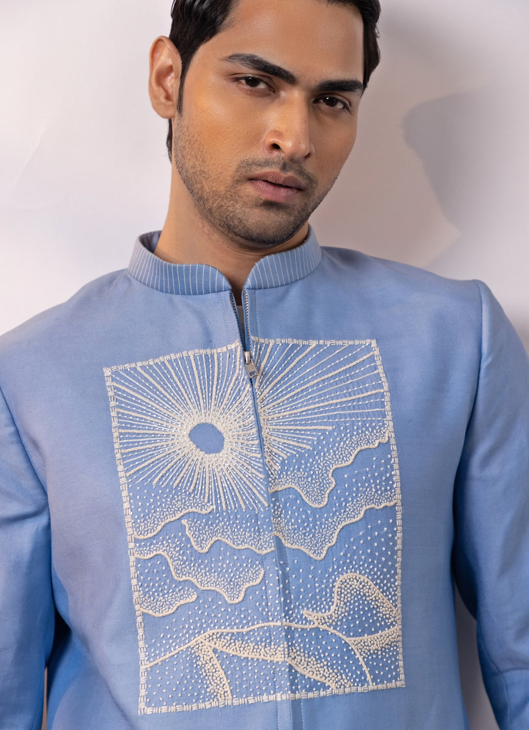 Blue and Ivory Linen Satin Bomber Jacket Set