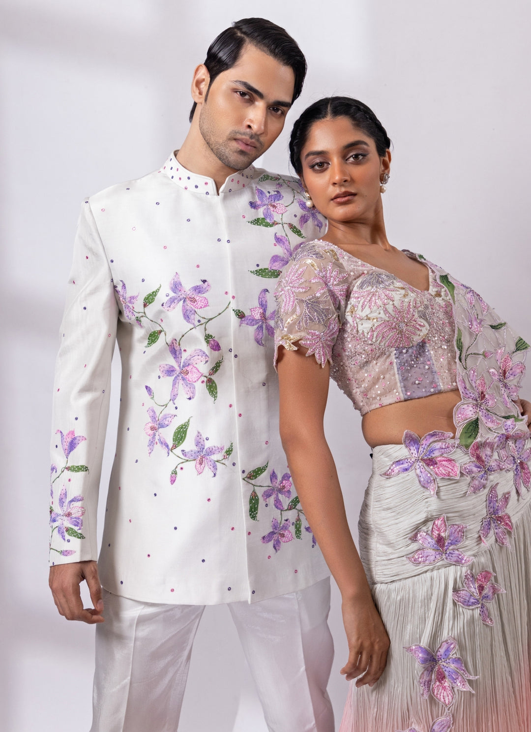 White Silk Hand Painted Bandhgala Set