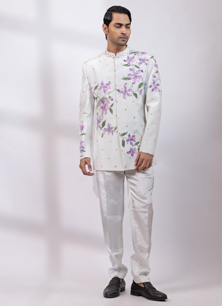 White Silk Hand Painted Bandhgala Set