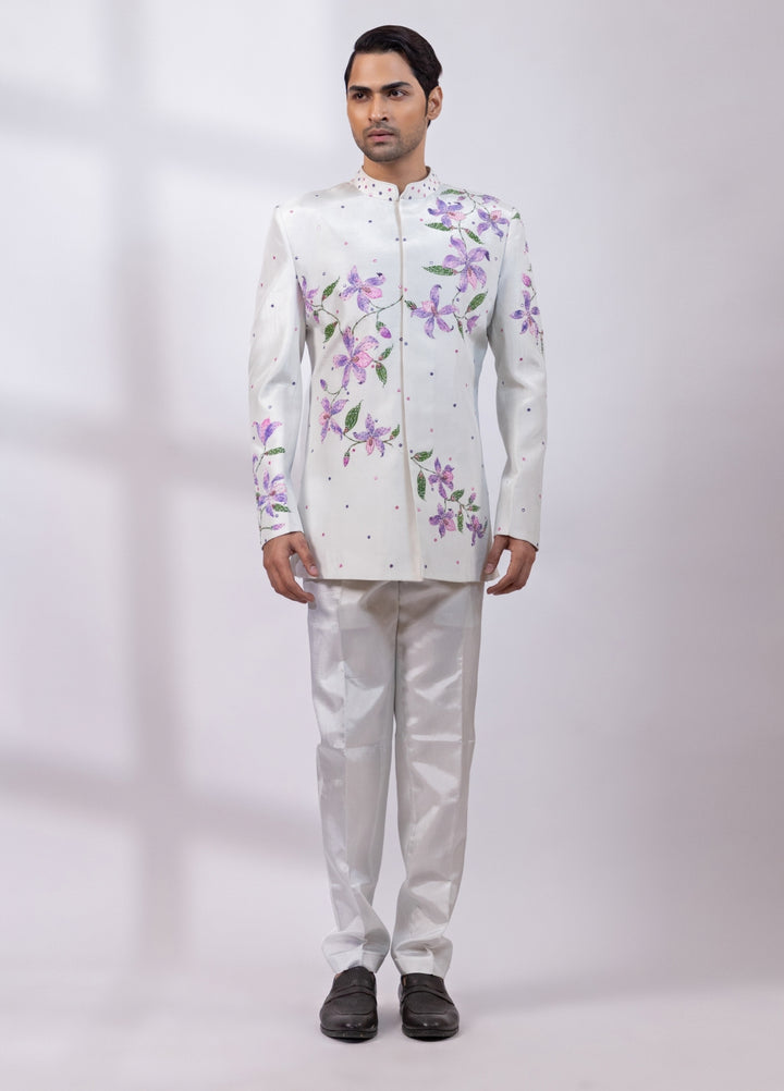 White Silk Hand Painted Bandhgala Set