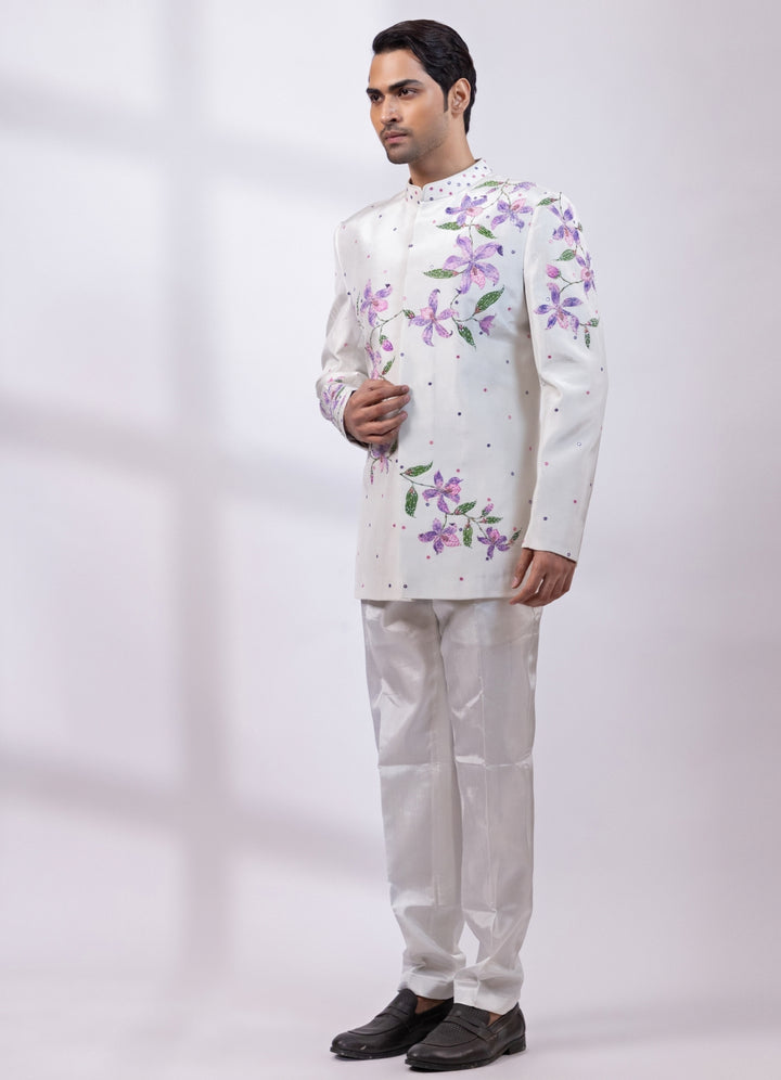 White Silk Hand Painted Bandhgala Set