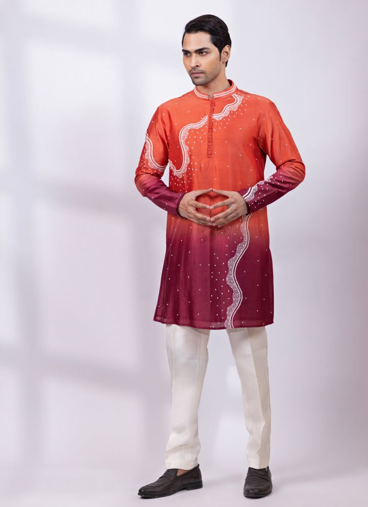 Crimson Red Chanderi Silk Ombre Kurta Set