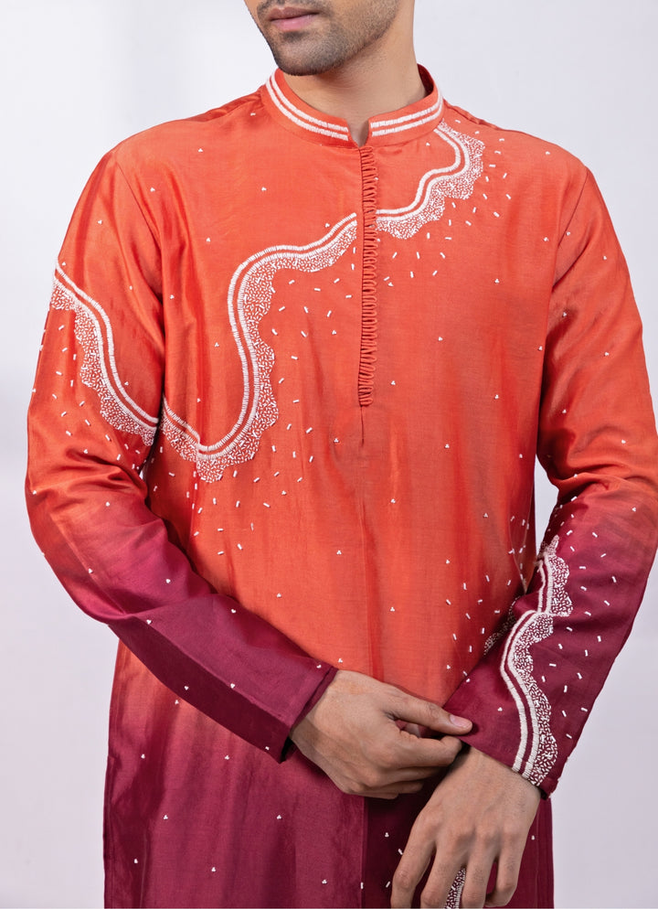 Crimson Red Chanderi Silk Ombre Kurta Set