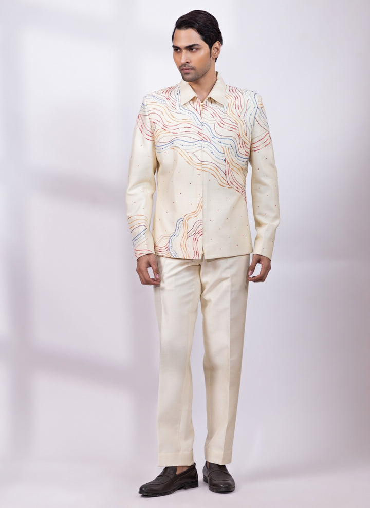 Cream Thread Embroidered Shacket Set