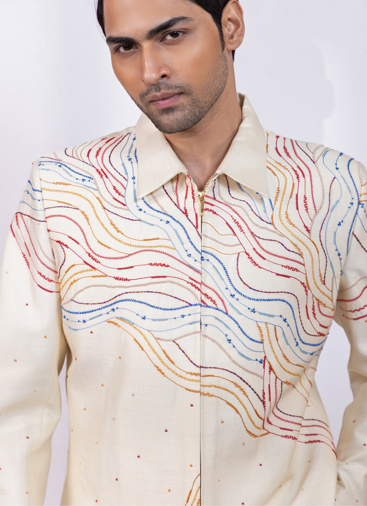 Cream Thread Embroidered Shacket Set