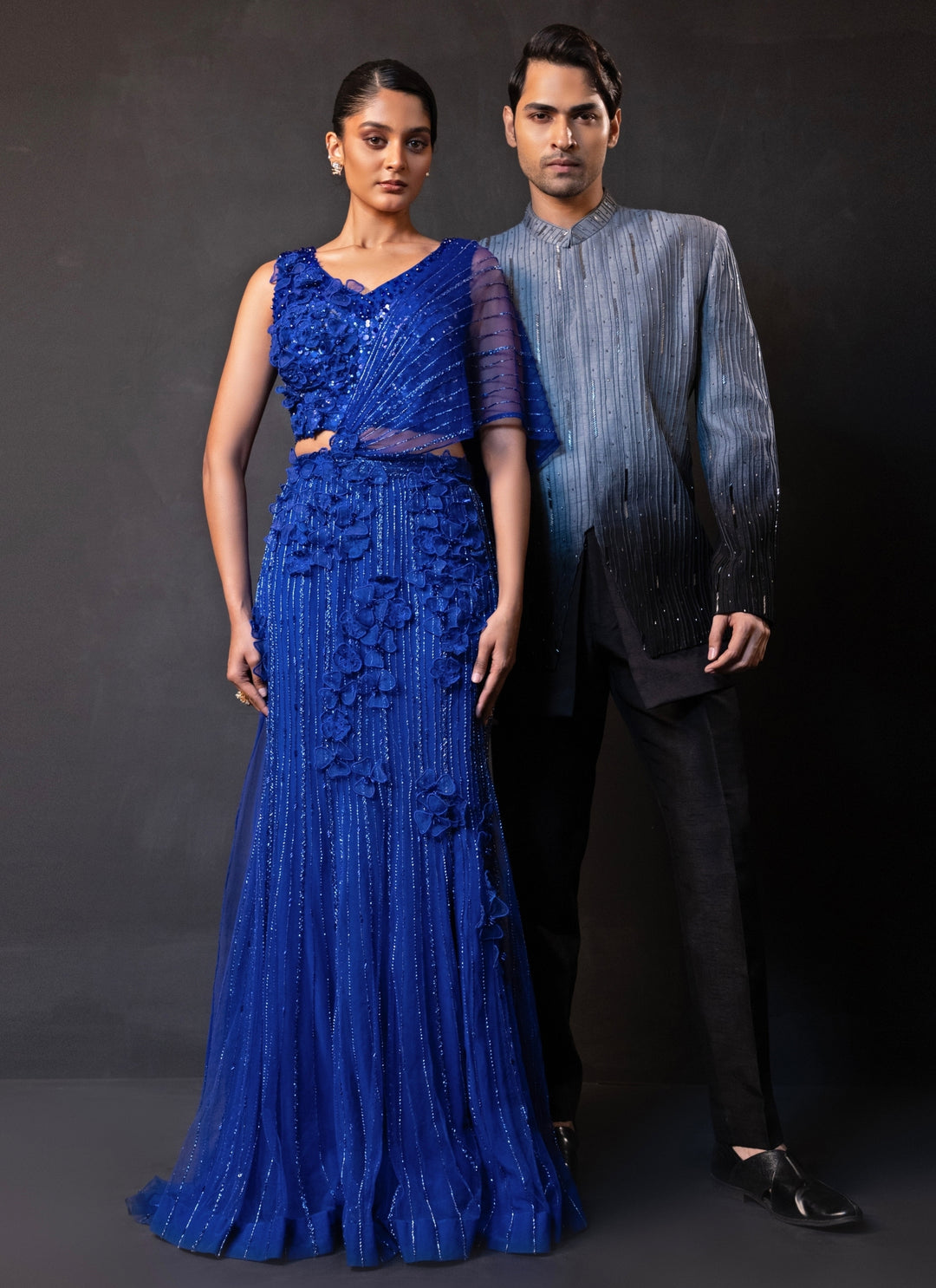 Black and Grey Ombre Linen Satin Bandhgala Set