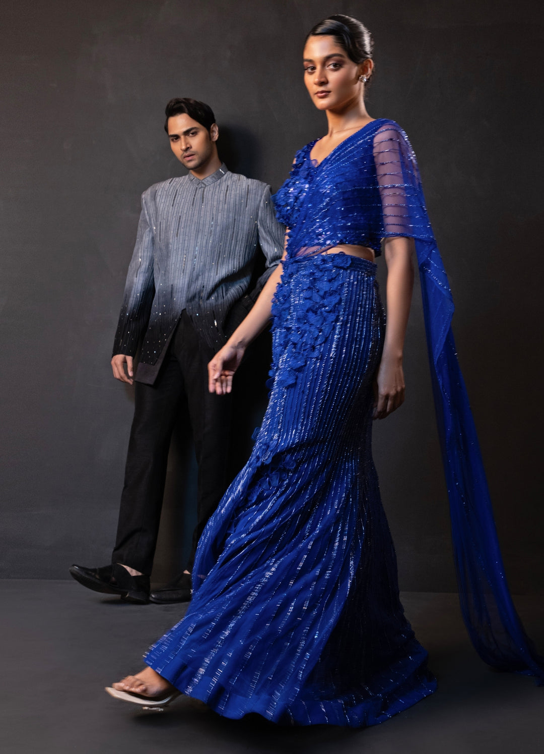 Black and Grey Ombre Linen Satin Bandhgala Set