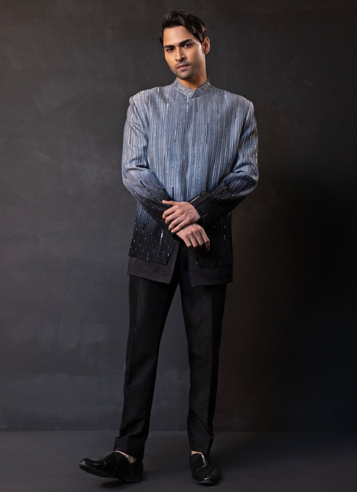 Black and Grey Ombre Linen Satin Bandhgala Set