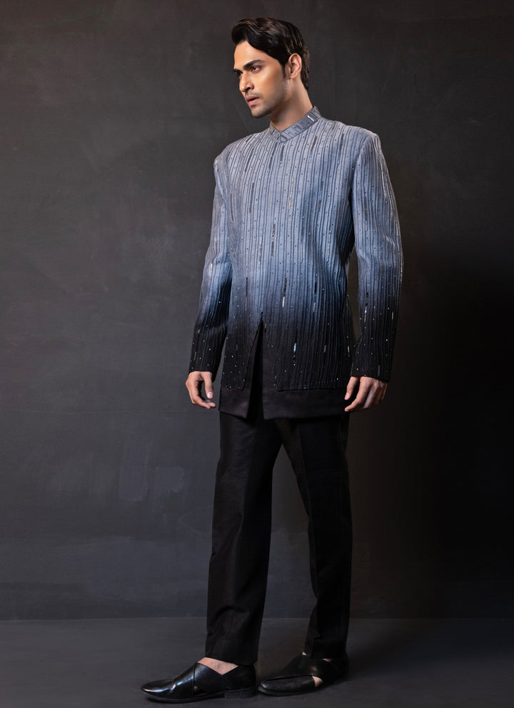 Black and Grey Ombre Linen Satin Bandhgala Set