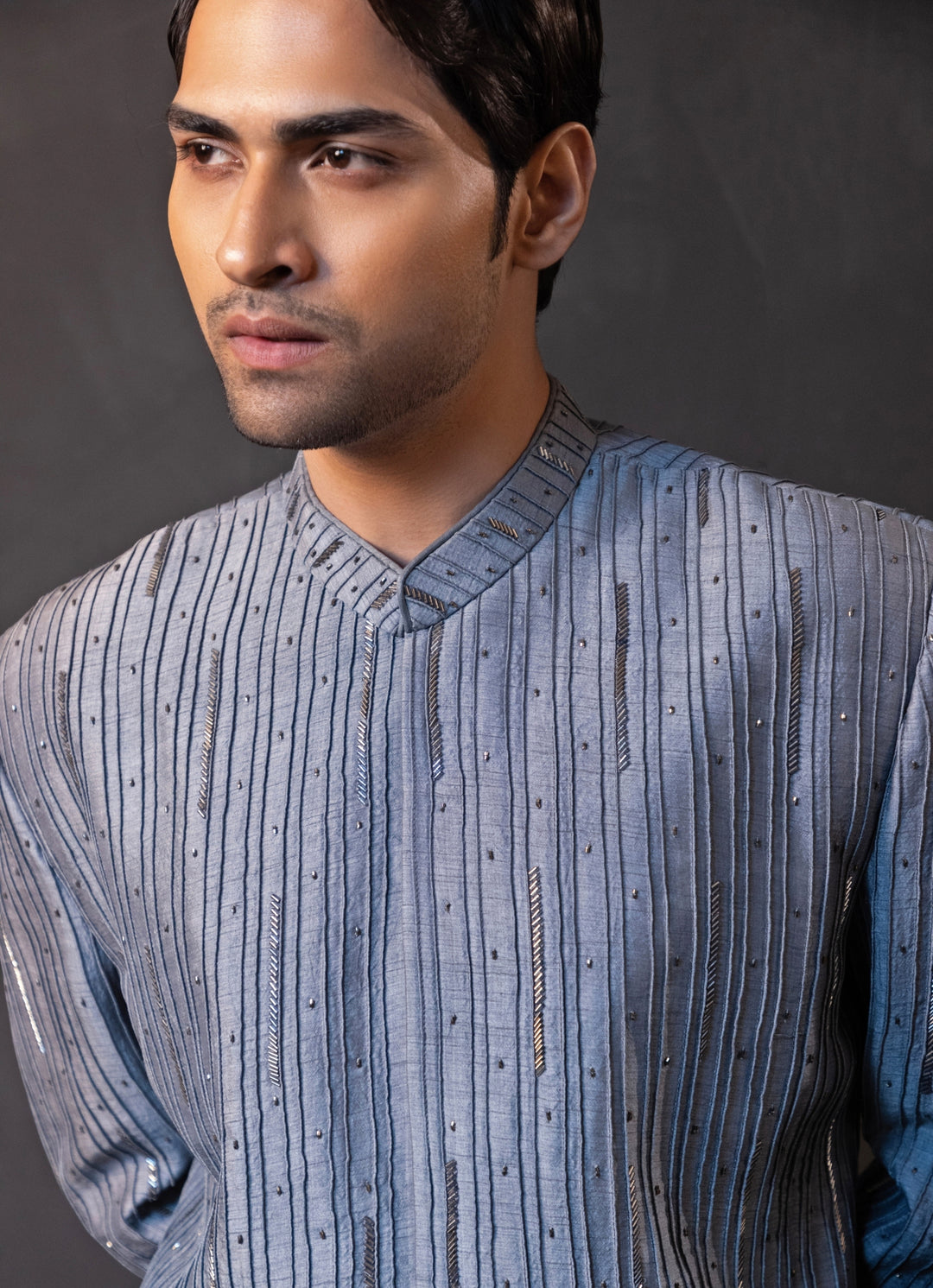 Black and Grey Ombre Linen Satin Bandhgala Set