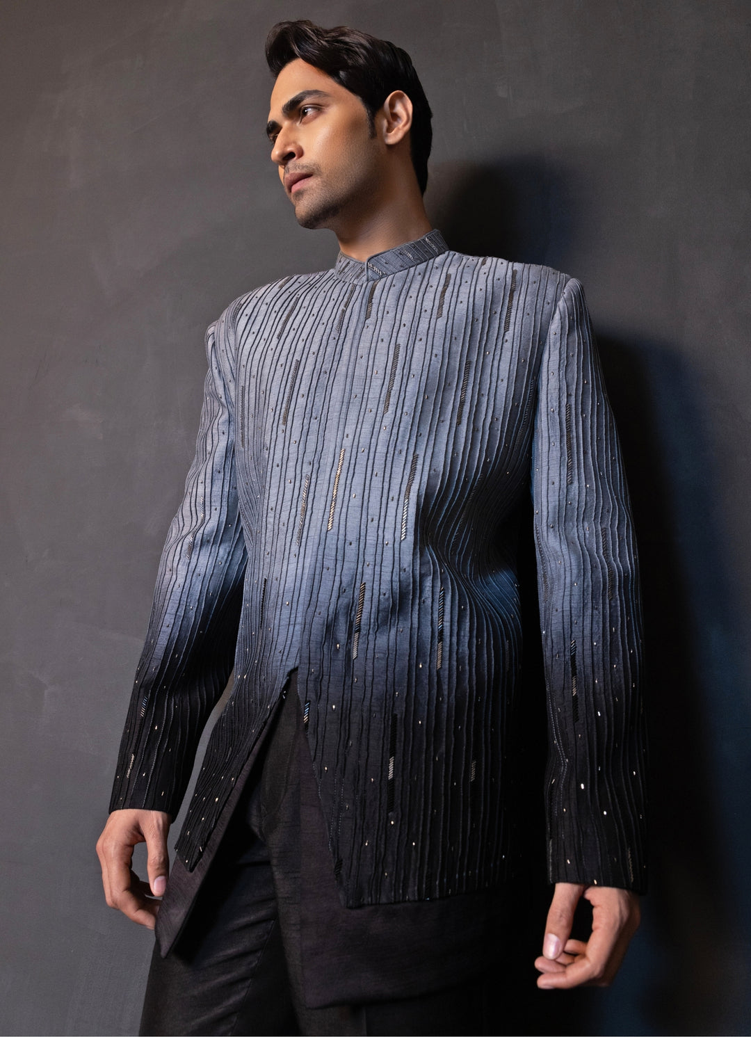 Black and Grey Ombre Linen Satin Bandhgala Set