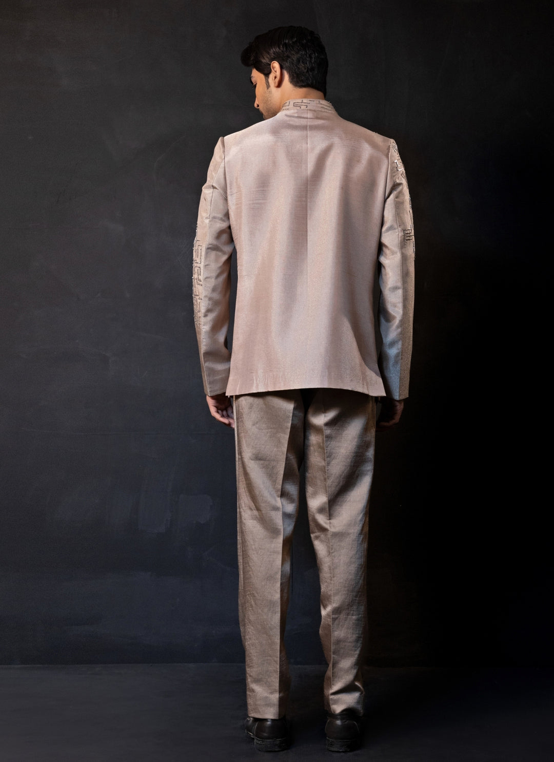 Beige Gold Linen Satin Bandhgala Set