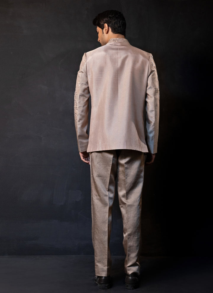 Beige Gold Linen Satin Bandhgala Set