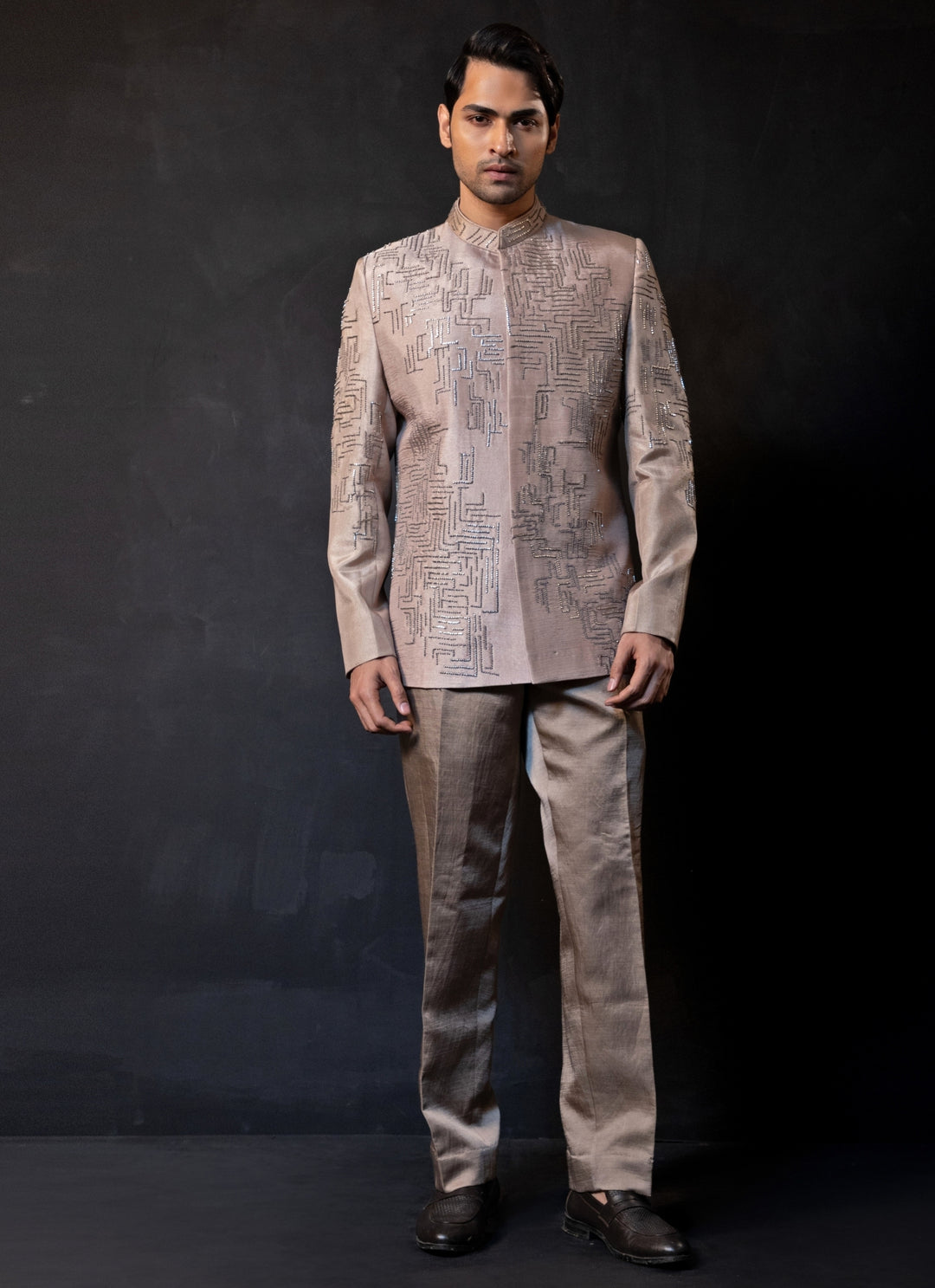 Beige Gold Linen Satin Bandhgala Set
