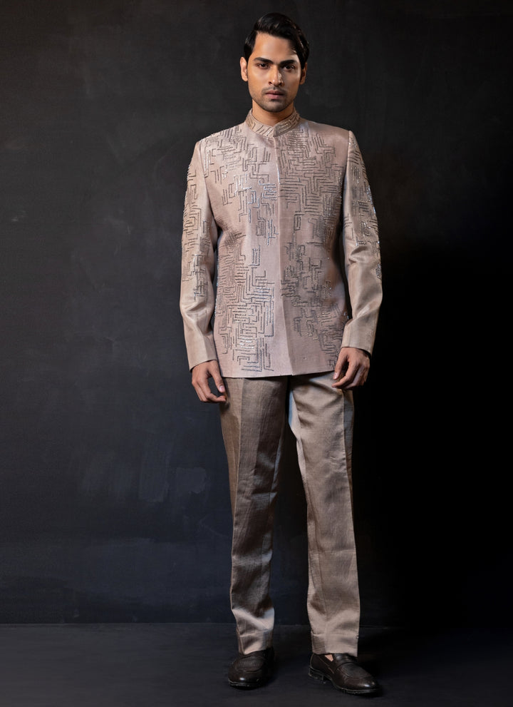 Beige Gold Linen Satin Bandhgala Set