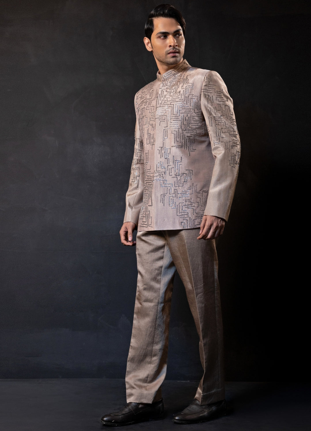 Beige Gold Linen Satin Bandhgala Set