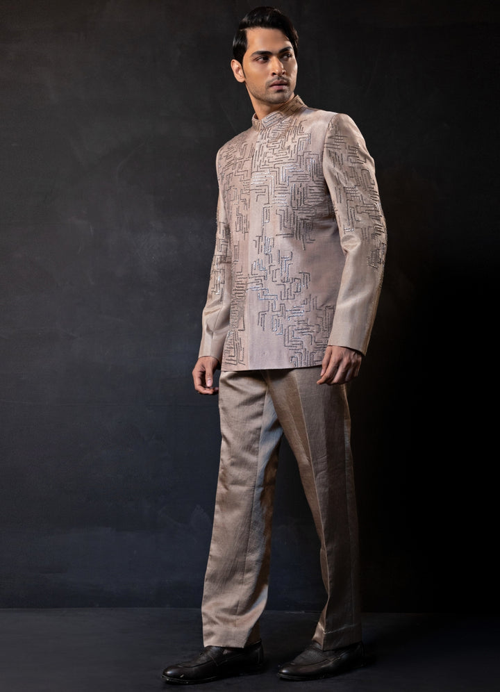 Beige Gold Linen Satin Bandhgala Set