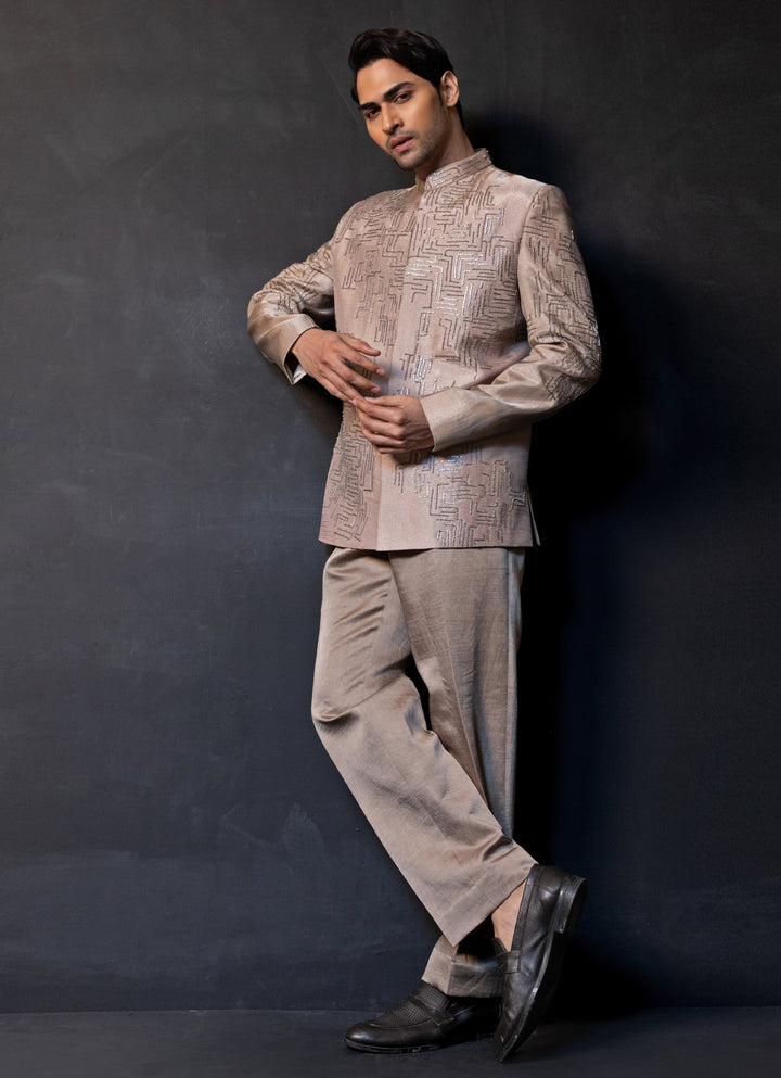 Beige Gold Linen Satin Bandhgala Set