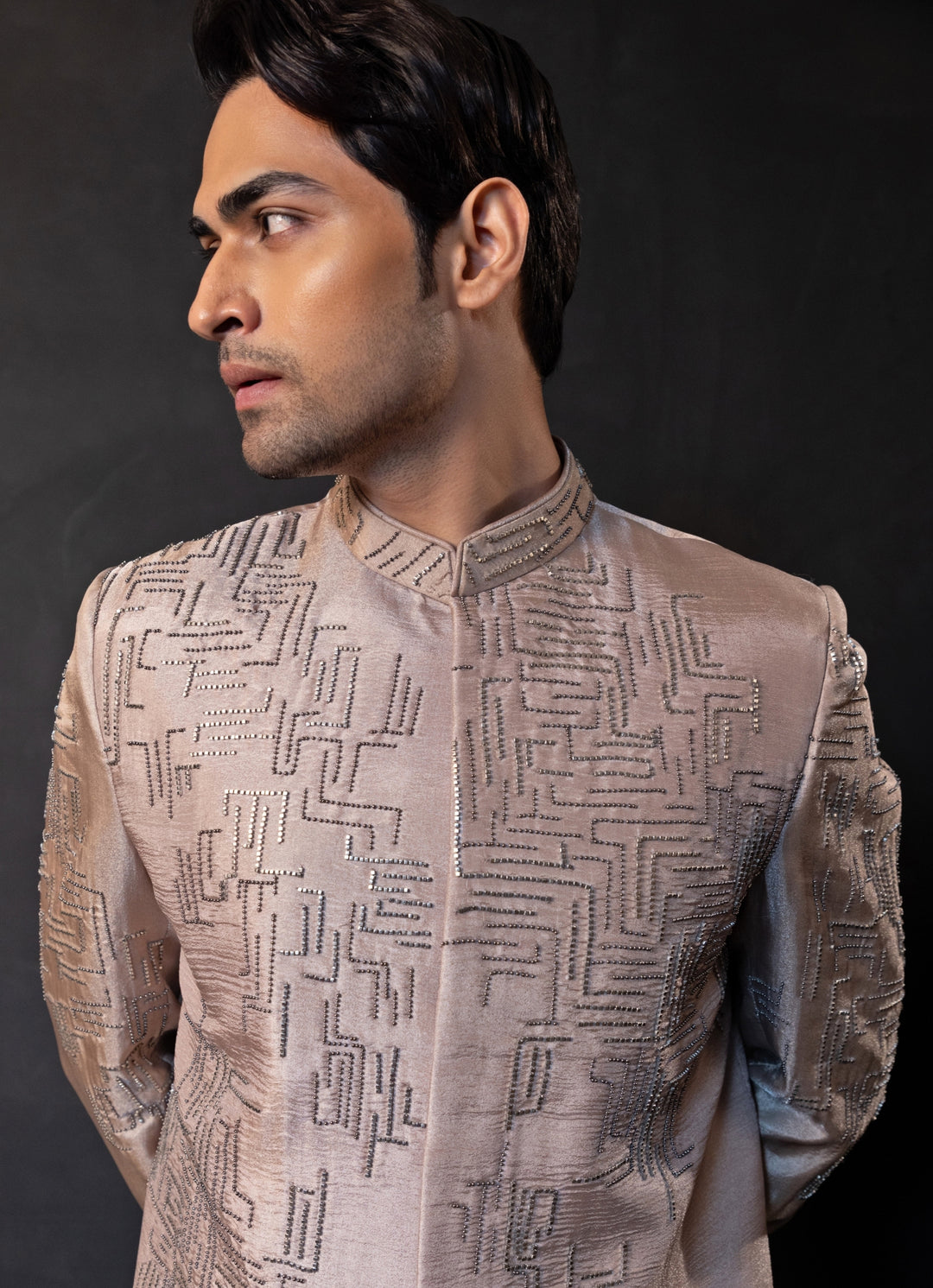 Beige Gold Linen Satin Bandhgala Set