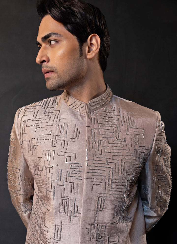 Beige Gold Linen Satin Bandhgala Set