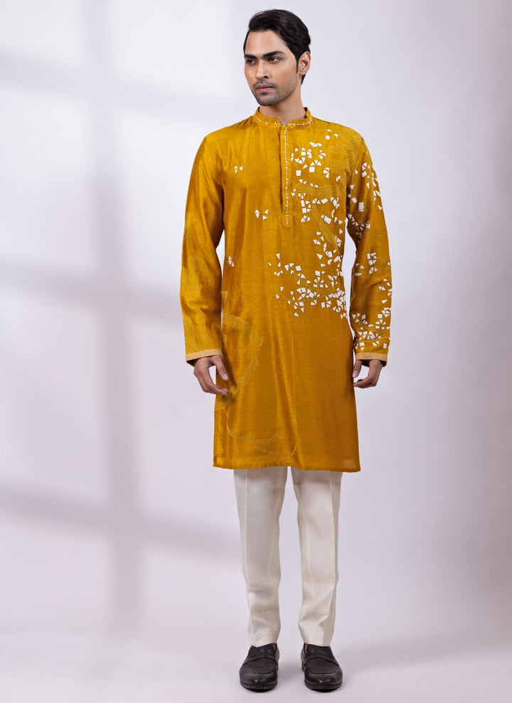 Mustard Yellow Chanderi Silk Kurta Pants Set