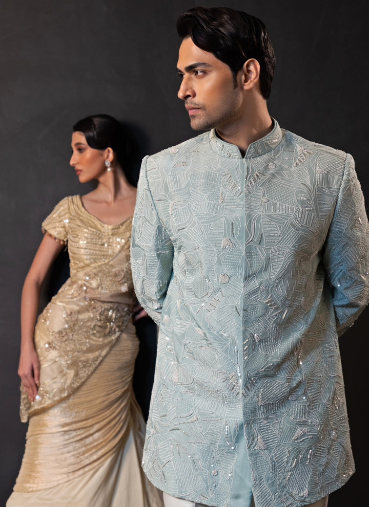 Mint Green Linen Satin Bandhgala Set