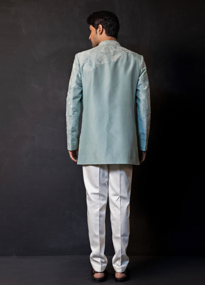 Mint Green Linen Satin Bandhgala Set