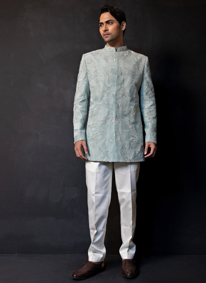Mint Green Linen Satin Bandhgala Set