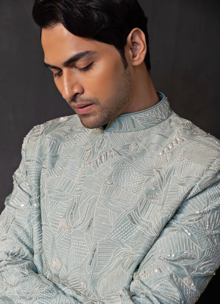 Mint Green Linen Satin Bandhgala Set