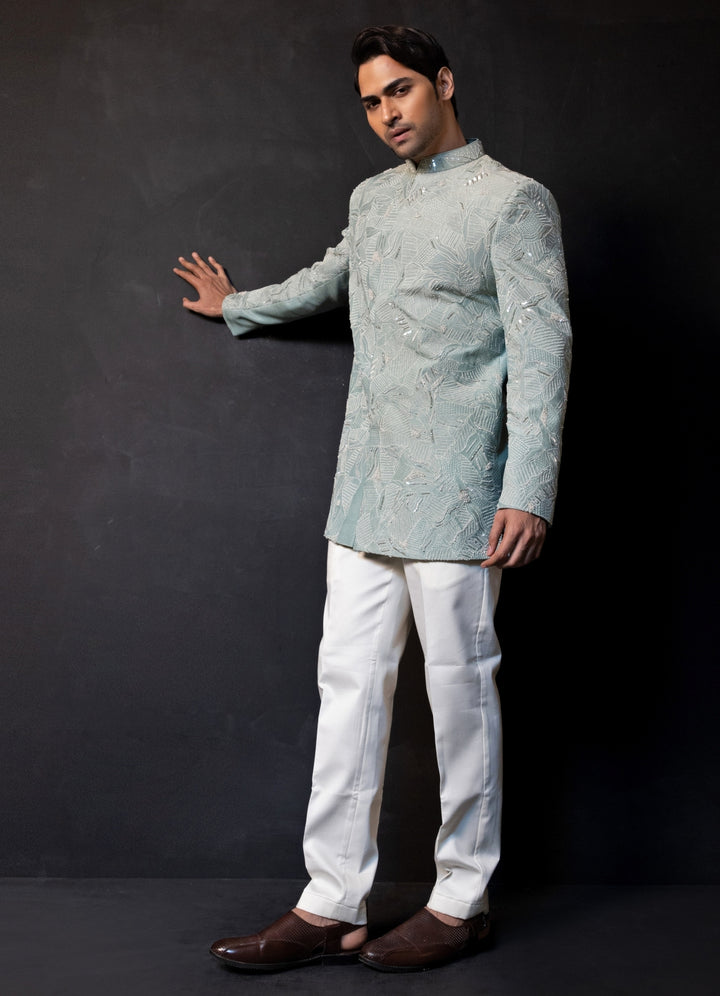 Mint Green Linen Satin Bandhgala Set