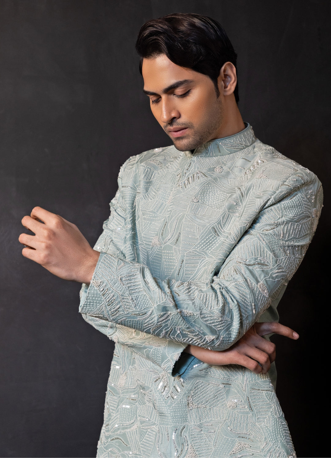 Mint Green Linen Satin Bandhgala Set