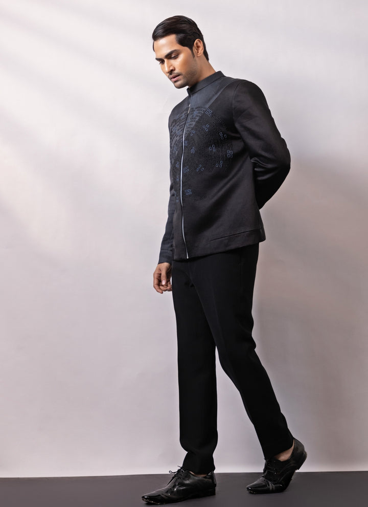 Charcoal Black Linen Satin Bomber Jacket Set