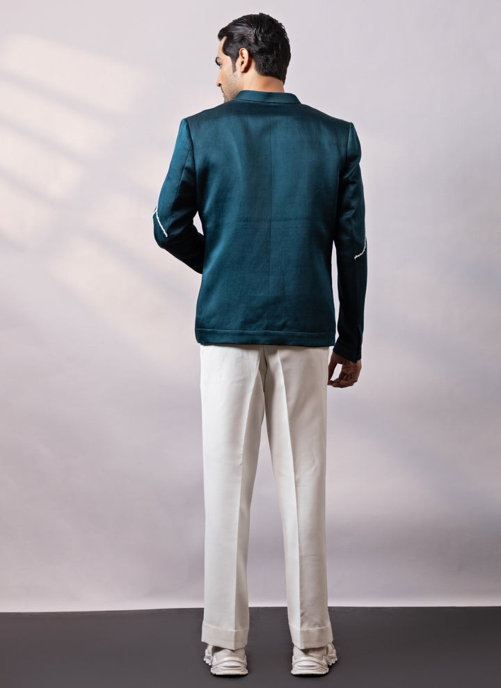 Teal Blue Linen Satin Bandhgala Set