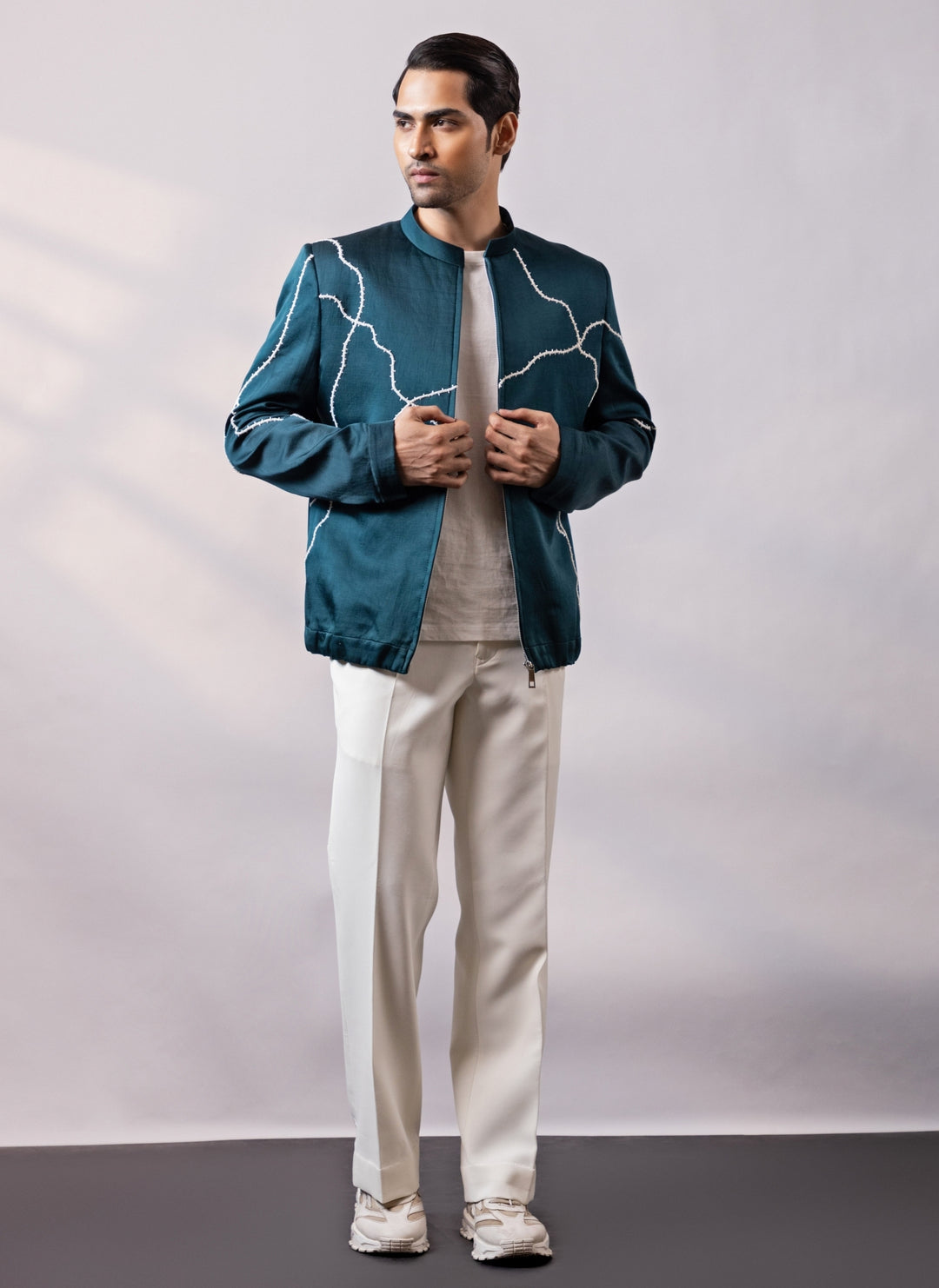 Teal Blue Linen Satin Bandhgala Set