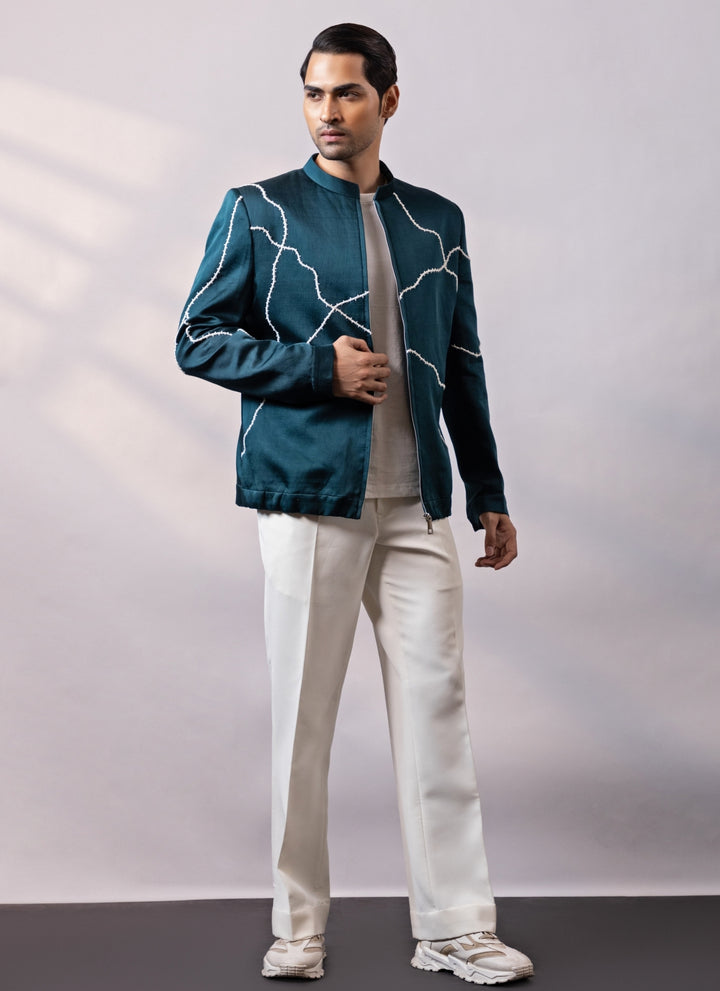 Teal Blue Linen Satin Bandhgala Set