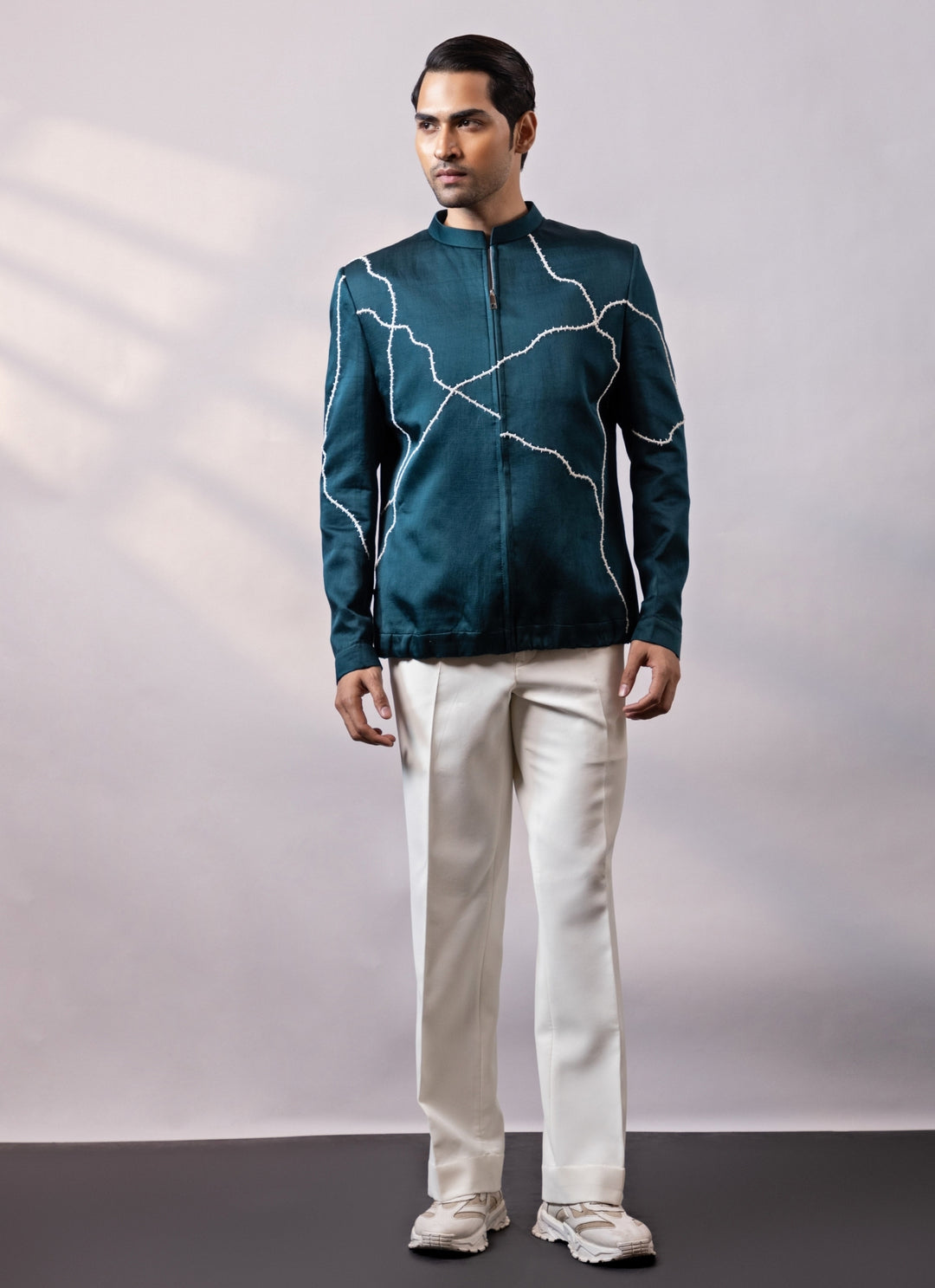 Teal Blue Linen Satin Bandhgala Set