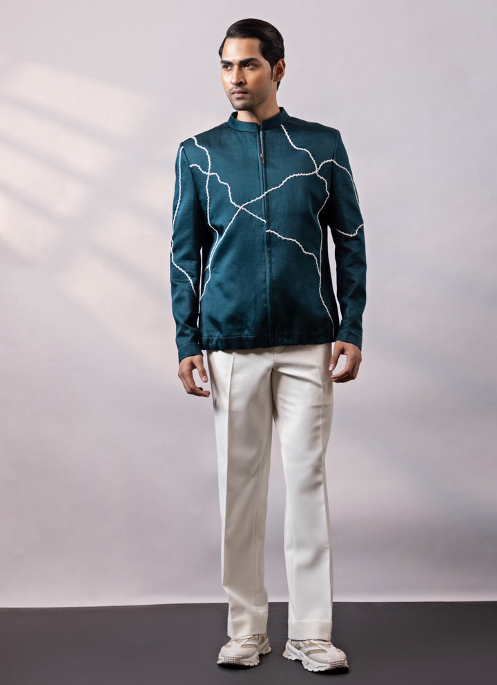 Teal Blue Linen Satin Bandhgala Set