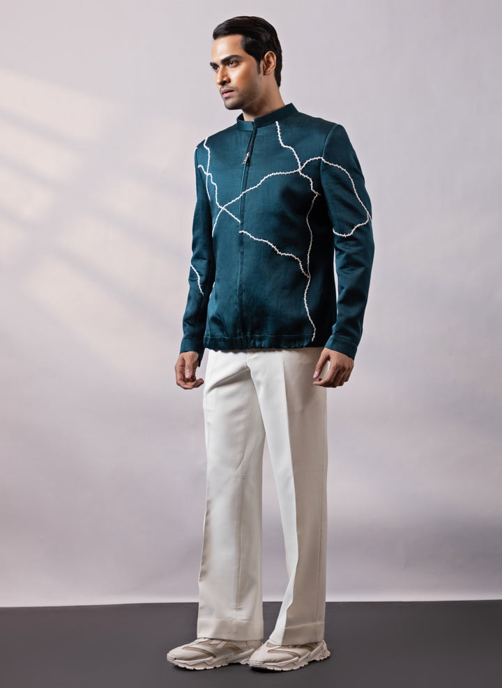 Teal Blue Linen Satin Bandhgala Set